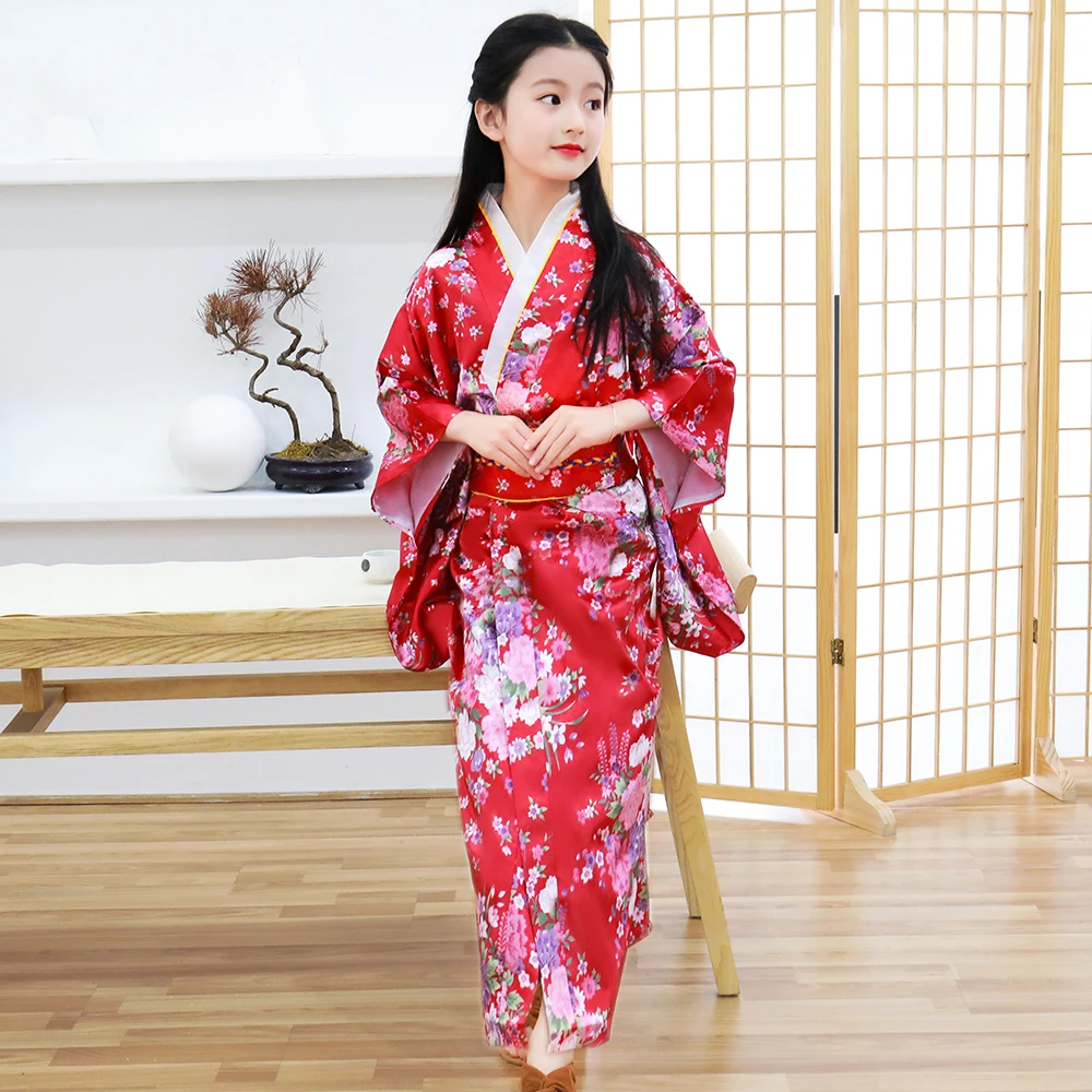 Children Girls Red Japanese Kimono Bathrobe Gown Print Flower Performance Clothing Yukata With Obitage Soft Cosplay Costume