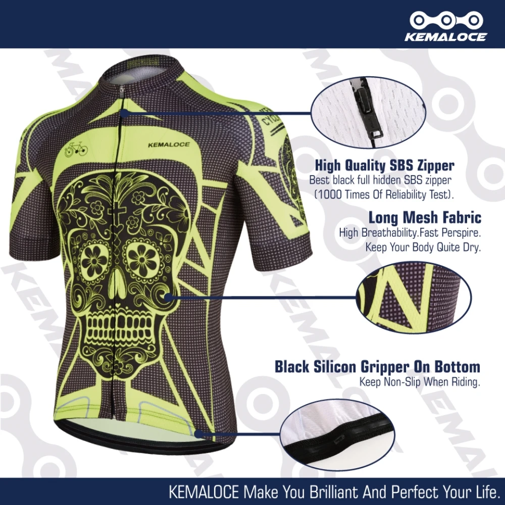 KEMALOCE Cycling Jersey Wear Yellow Bright Skeleton China Short Sleeve Bicycle Shirts Clothing Crane Summer Men Bike Shirts