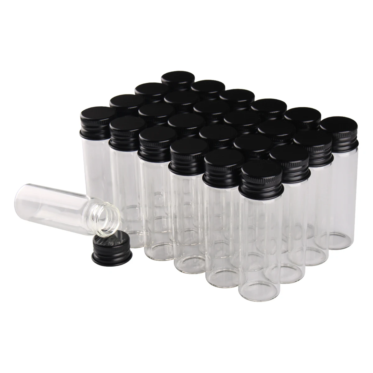 

24 pieces 18ml Transparent Glass Spice Bottles Jars with Black Aluminum Lids 22*70mm Message Bottles for Wedding Favors