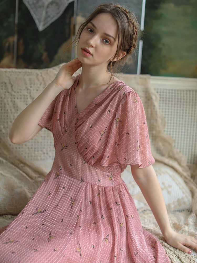 

LYNETTE'S CHINOISERIE Summer New Original Design Women Vintage Mori Girls Floral Print Slim Elastic Waist Pink Dresses