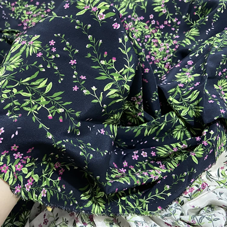 Pure silk crepe de chine fabric green leaves and floral print on navy blue bottom,SCDC1231