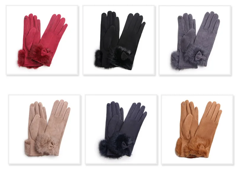 Winter Female Suede Leather Bow Plush Wrist Mitten Women Thick Plus Plush Windproof Warm Touch Screen Driving Gloves J22
