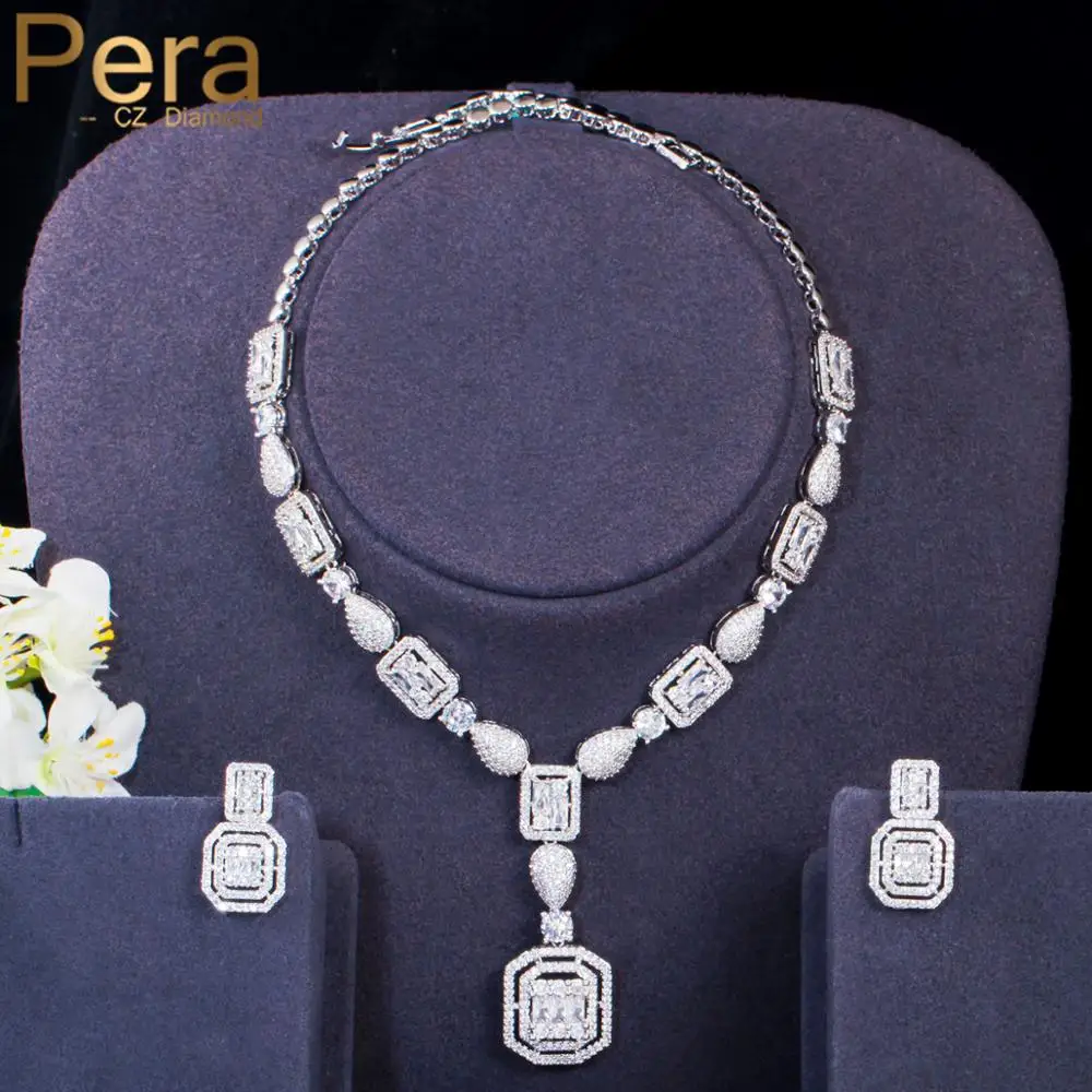 Pera Classic Square Dangle Bling Cubic Zirconia Pendant Necklace Earring Women Wedding Costume Party Jewelry Set for Brides J389