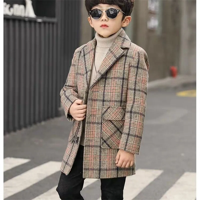 Boy Wool Coat for Autumn & Winter Children\'s Jacket Fashion Turn Collar Plaid Keep Warm Outerwear Teenage Clothes 2021