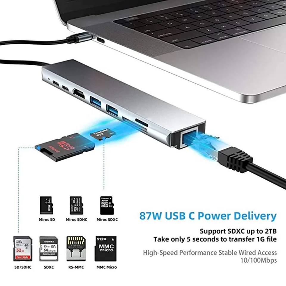 USB C Hub Type-C 3.1 to 4K HDMI-Compatible RJ45 USB SD/TF Card Reader PD Fast Charge 8-in-1 USB Dock For MacBook Air Pro PC HUB