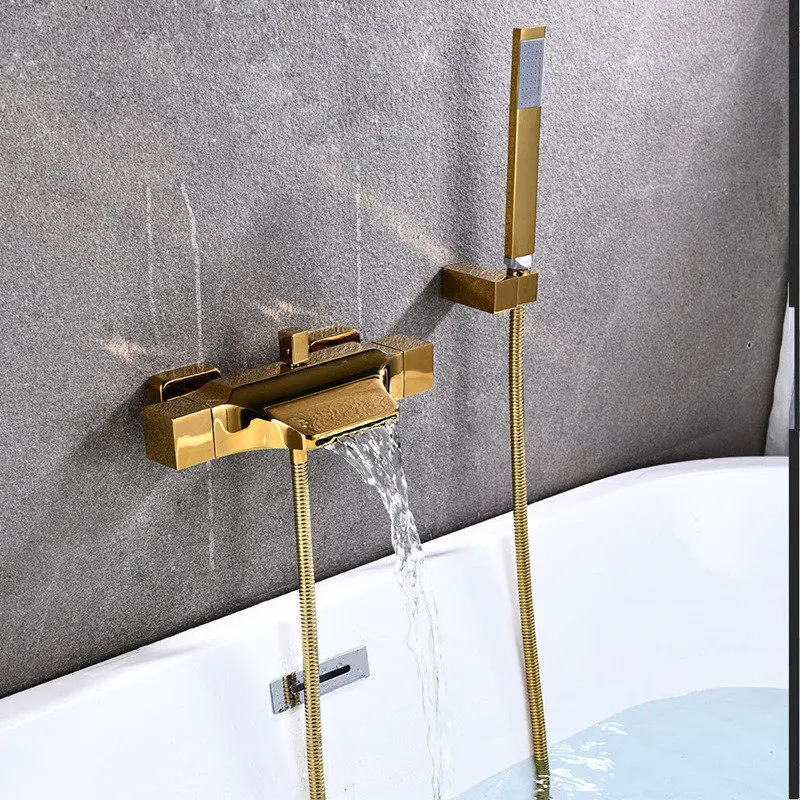 

Gold Brass Bathroom Bathtub Shower Faucets Set Hot & Cold Mixer Taps Waterfall Type Wall Mounted With Handheld Chrome/Black