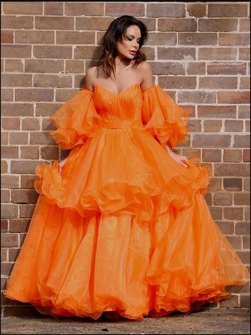 SoDigne Gaun Malam Princess Orange Gaun Pesta Prom Panjang Lengan Panjang Lapisan Off-The-Shoulder Organza Lembut