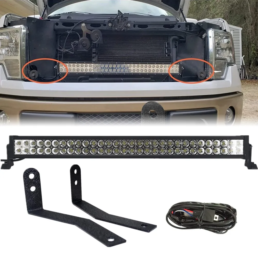 For 2009-2014 Ford F150 Pickup 2WD 32'' 180W LED Straight Light Bar with Wiring Kit & Behind Hidden Grille Mount Brackets