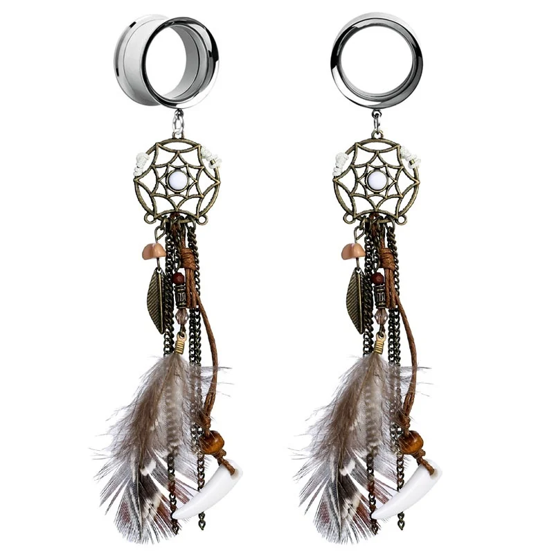 2pieces Dreamcatcher Dangle Ear Gauges Ear Flesh Tunnel Plugs Bohemian Feather Tassel Ear Reamer Piercing Expander Body Jewelry