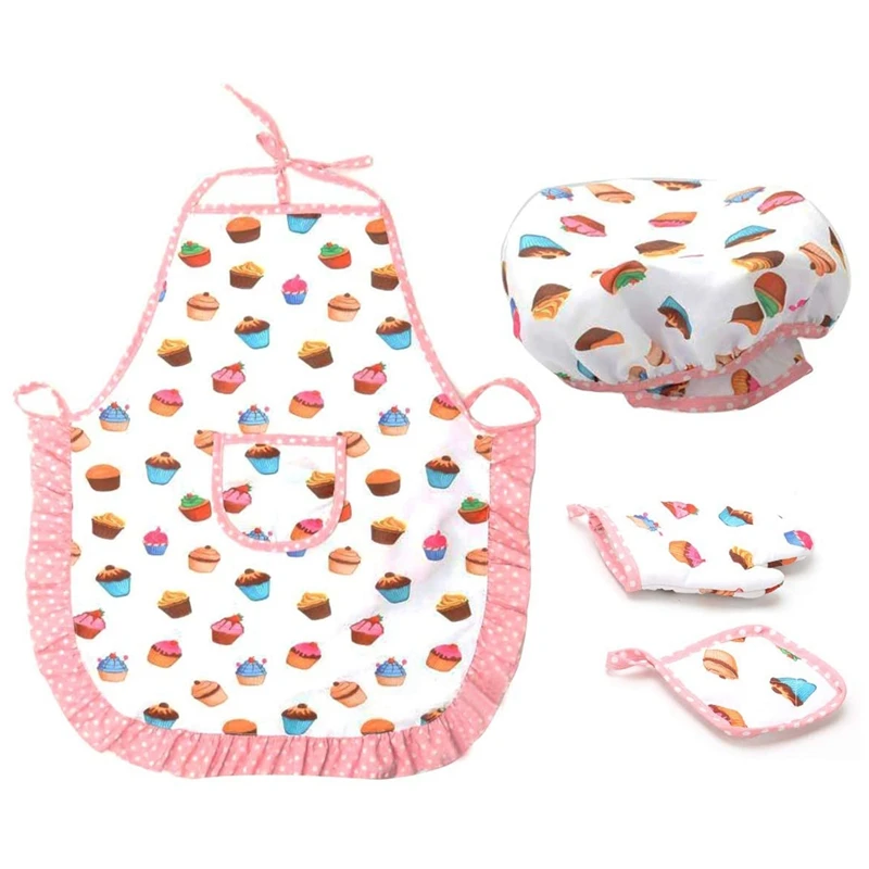 4Pcs Kids Cooking and Baking Set Includes Apron for Little Girls, Chef Hat, for Toddler Dress Up