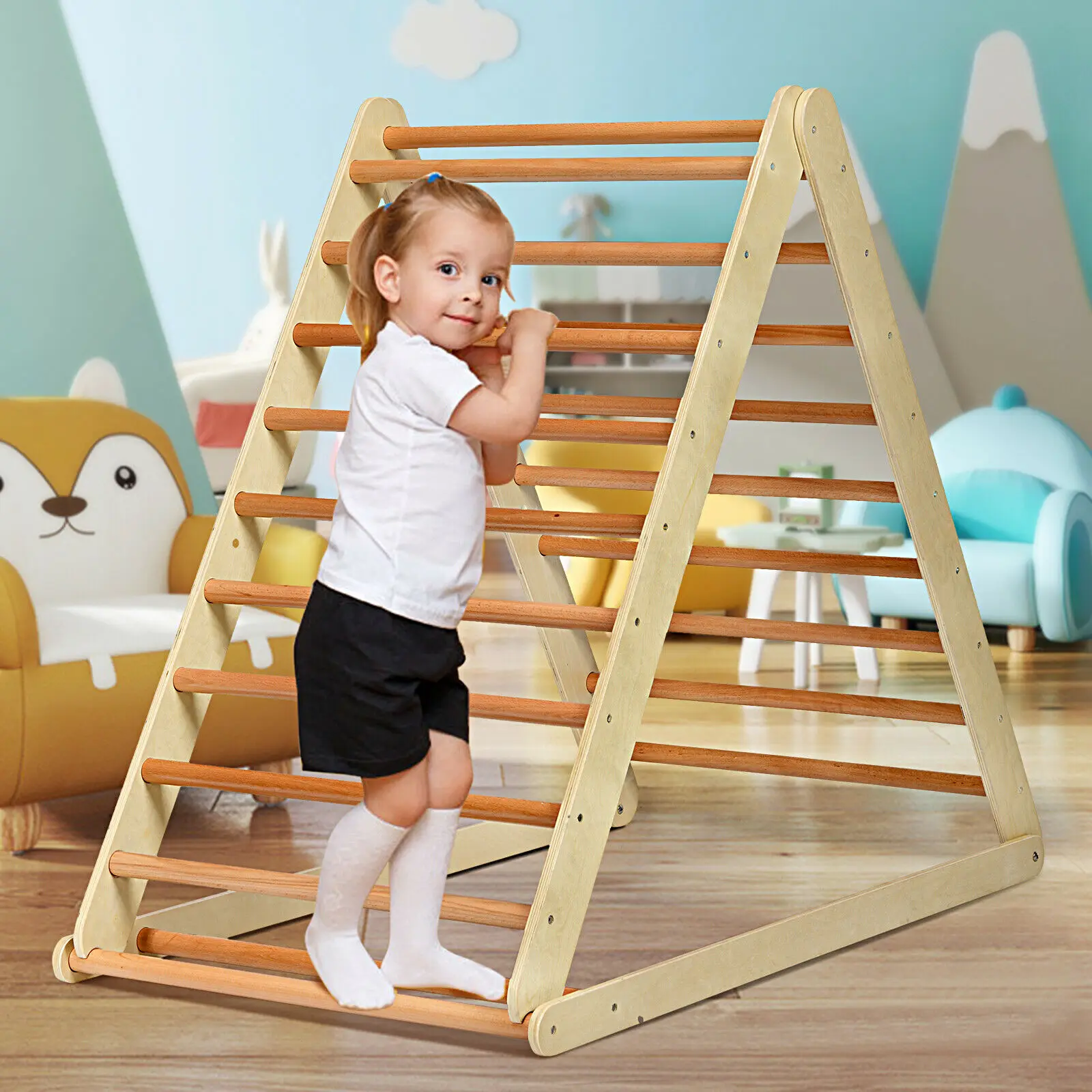 Triangle d'escalade pliable en bois pour l'intérieur, maison d'escalade avec échelle pour bébé en bas âge TY327400NA