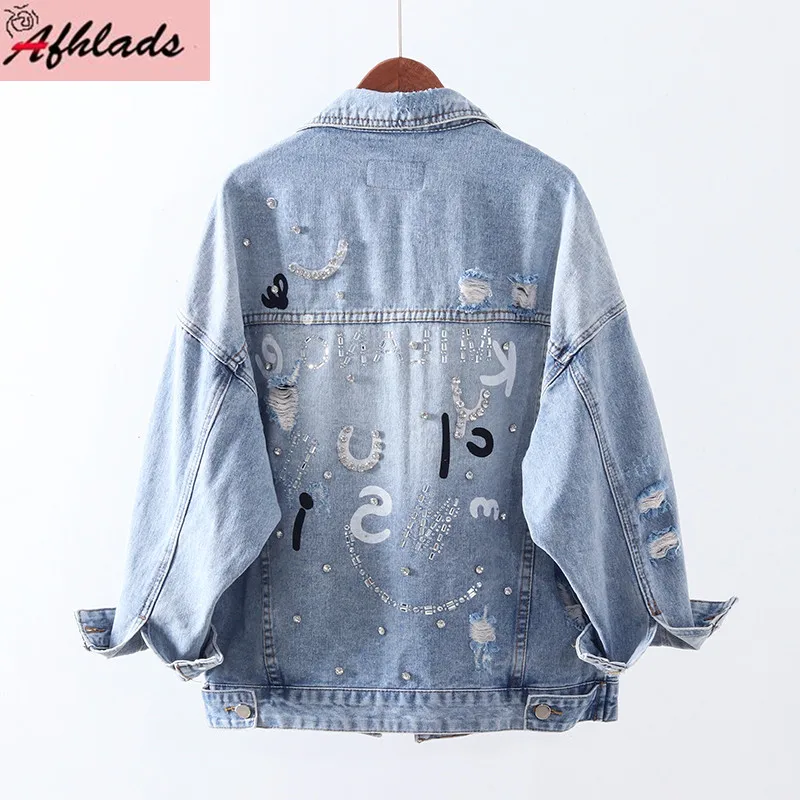 

Spring And Autumn New Jacket Women Loose Korean Denim Outerwear Diamonds Hole Letters Printed Turn-Down Collar Coats