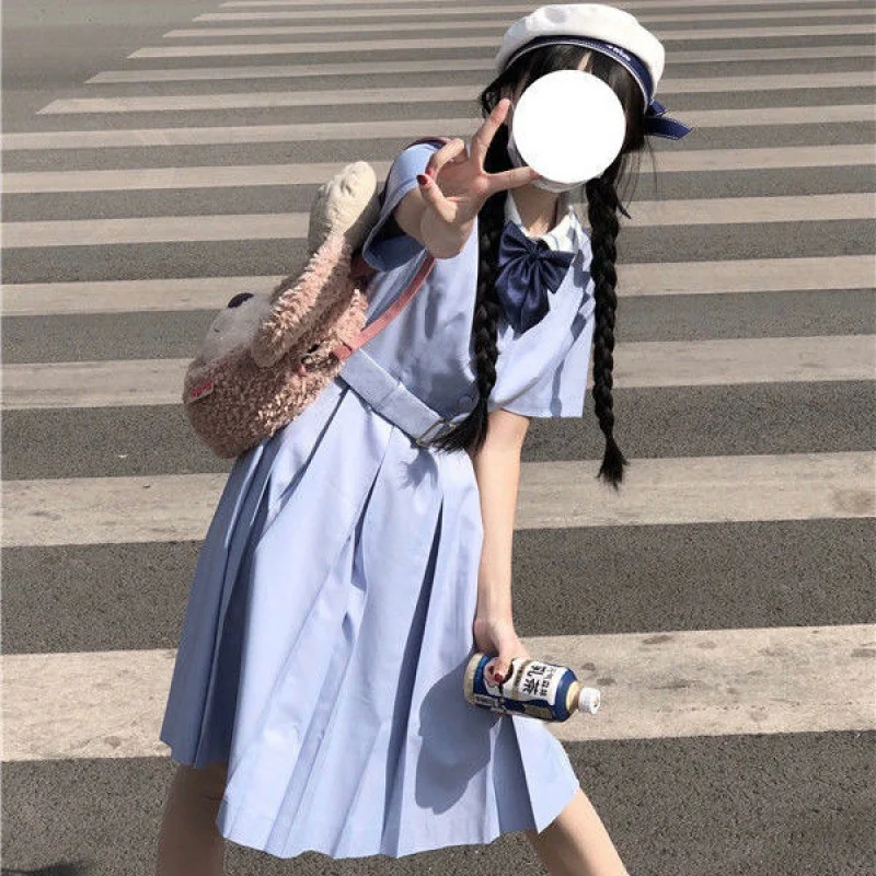 Harajuku Sailor Collar Navy Dress Japanese Lolita Sweet Short Sleeve Dress Women Bow-knot Girl Retro Cotton Kawaii Preppy Style