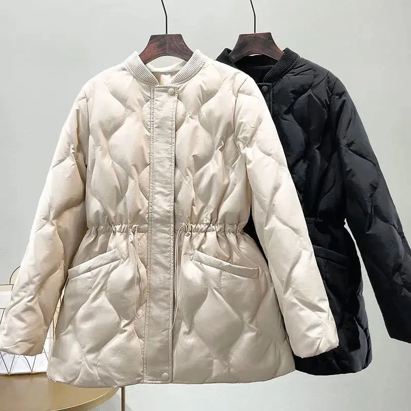 Stand-up collar down cotton padded jacket women\'s mid-length 2021 winter new waist rhombic padded jacket thickened warmth