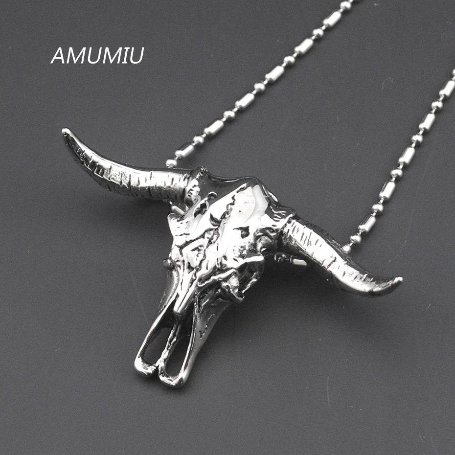 AMUMIU Skull Head Bull Pendant Necklace For Man Boy Gothic Men's Stainless Steel Cow Rider Jewellery HP003