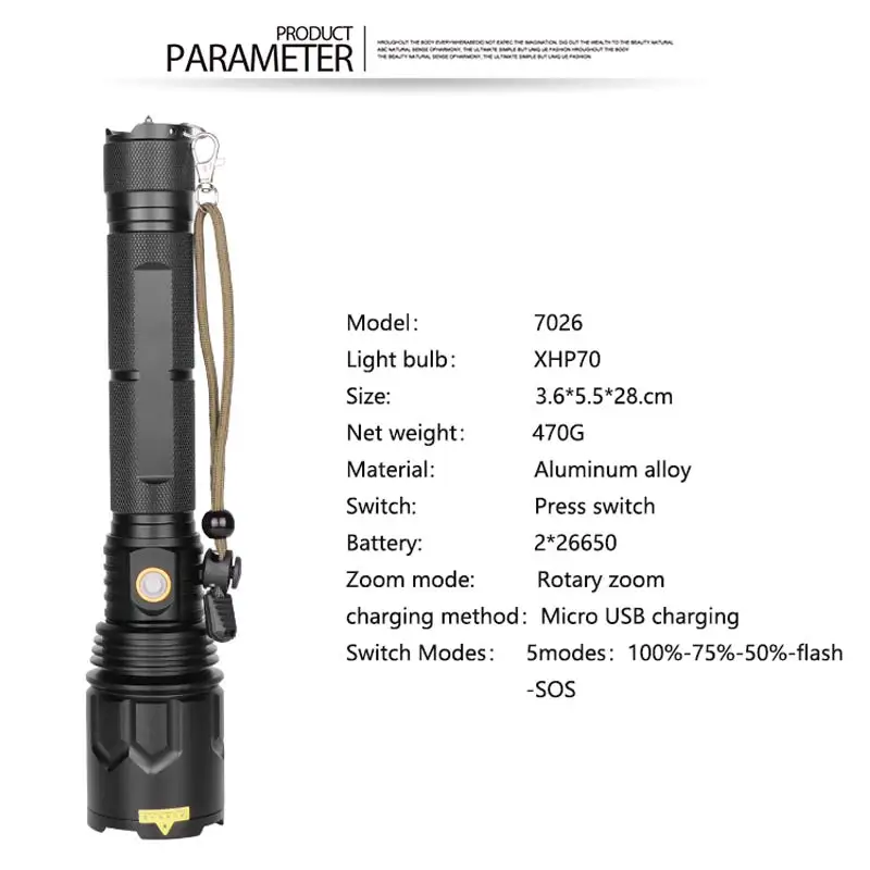 2500 lumens xhp90 most powerful led flashlight xhp70 usb rechargeable torch hand lamp 18650 26650 Battery flash light