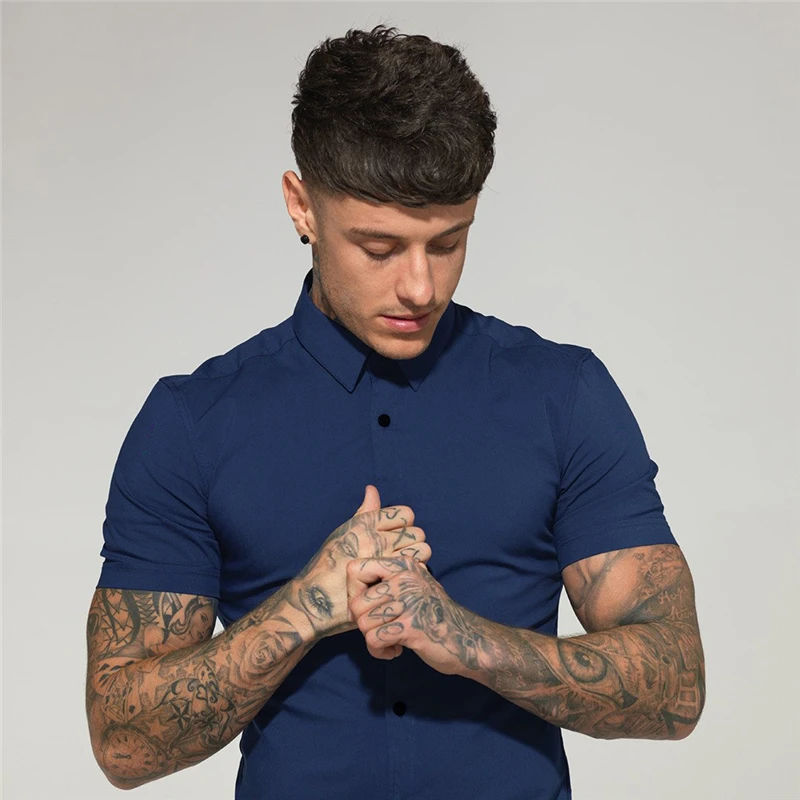 New Mens Spring Summer Brand Sports Cool Casual Fashion Breathable Fitness Clothing Turn-down Collar Short Sleeve Shirts
