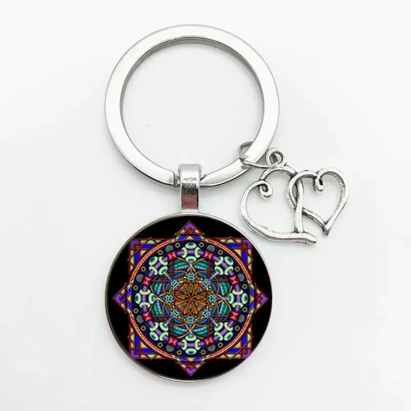 Hot Classic Retro Indian Yoga Mandala Flower Keychain Buddhist Chakra Pattern Key Ring Key Ring Chain Glass Cabochon Henna Jewel