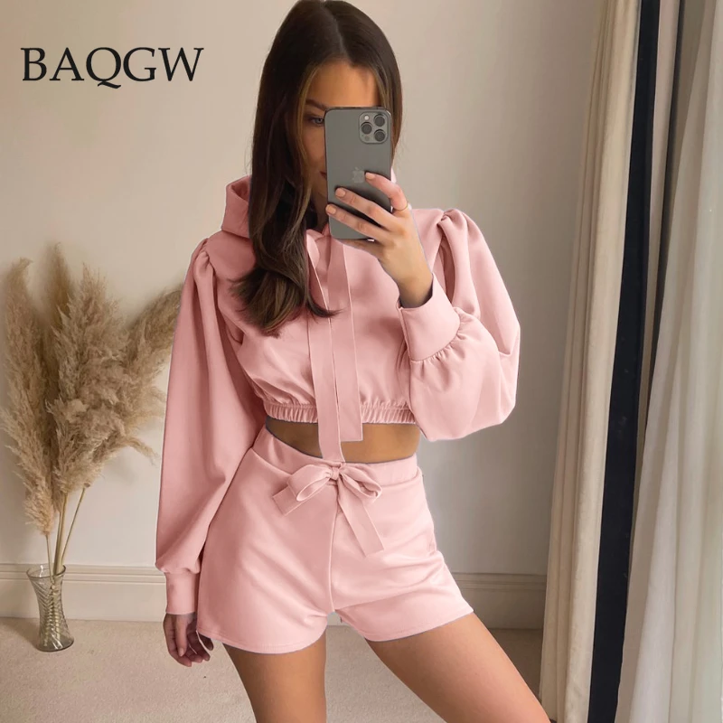 

Sweet Girl Ribbon Bandages Women 2 Piece Sets Casual Hooded Puff Sleeve Sweatshirt and Shorts Matching Sets Bodycon Sportswear