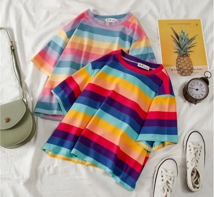 New Summer casual tshirt rainbow striped short sleeve  women t-shirt tops Harajuku Korean Style Girls female Tees