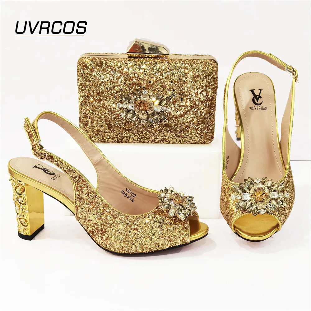 Nigerian Fashion New Arrival Italian Design Crystal and Appliques Decoration Style Women Shoes and Bag Set in Gold Color Sweet