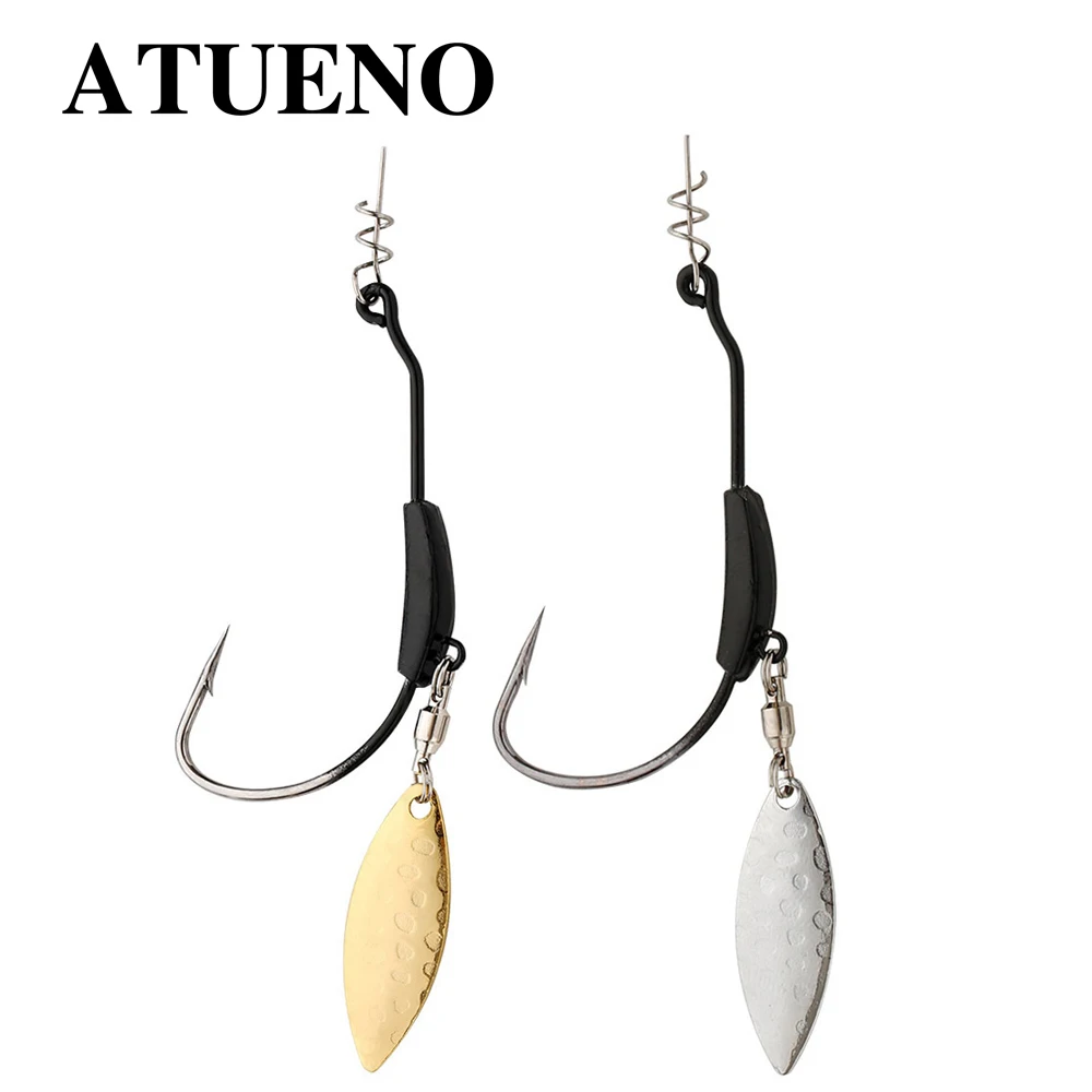 ATUENO 4pcs Offset Fishing Hooks Weighted Crank Hook With Spoon Sequins Fishing Hook Fish Hooks Fit for Texas Rigs Fishing