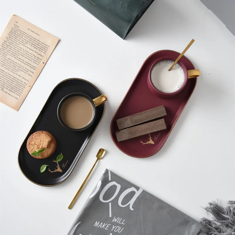 Coffee Cup Set Saucer Tray With Spoon Matte Bronzing Ceramic European Style Niche Afternoon Tea Mug Office Kitchen Utensils