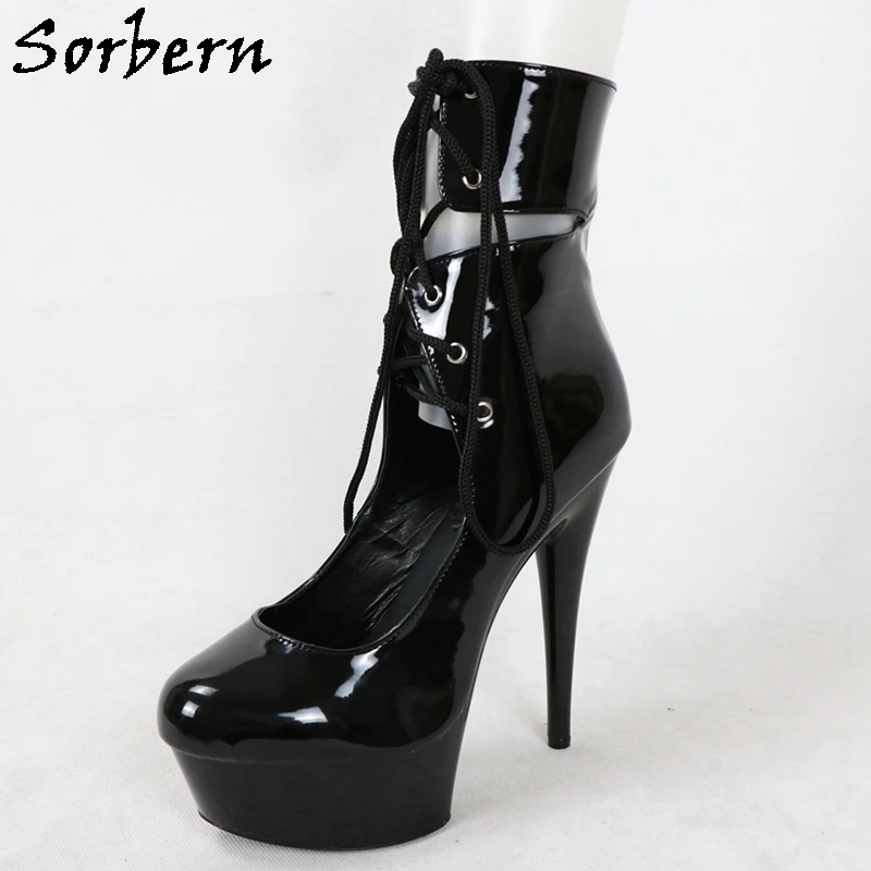 Sorbern Black Women Pumps Shoes 15Cm High Heel Platform Stilettos Stripper Pole Dance Heels Lace Up Women Closed Toe Heels