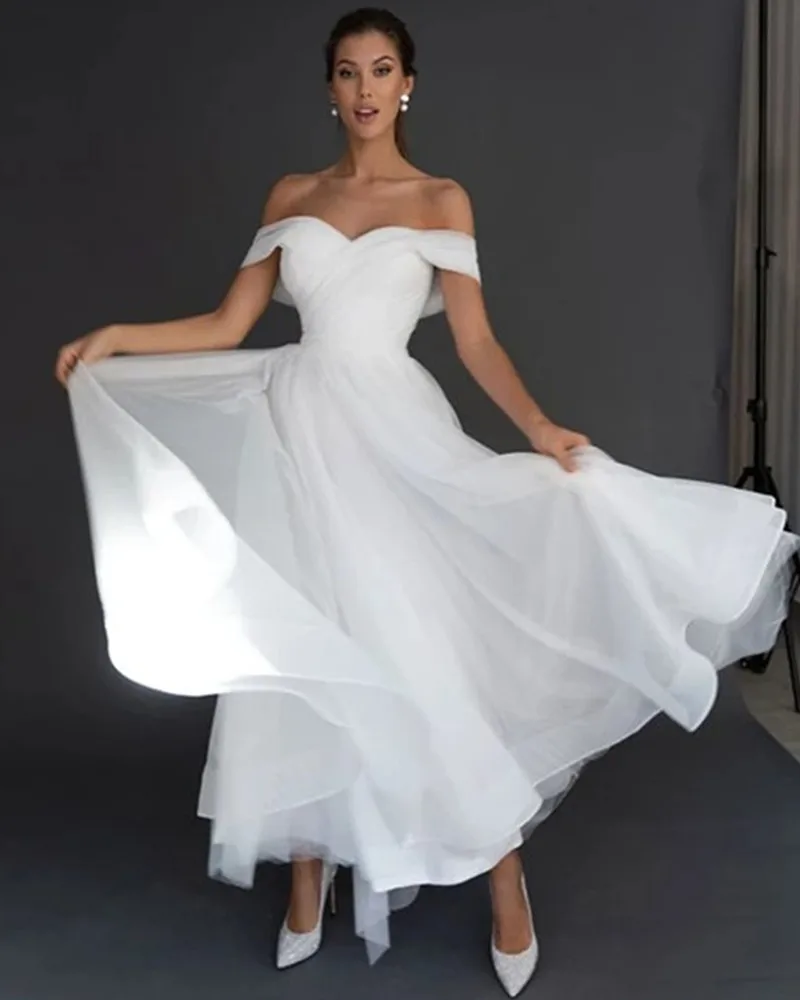 Abito da sposa elegante bohemien con scollo a barchetta 2021 manica a trapezio con cerniera senza schienale Organza abito da sposa alla caviglia Robe De Mariée