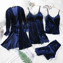 Kimono Gown Soft Sleepwear Women Velour Pajamas 4 Pieces PJS Set Casual Lace Bathrobe Velvet Pyjamas Intimate Lingerie Pijamas