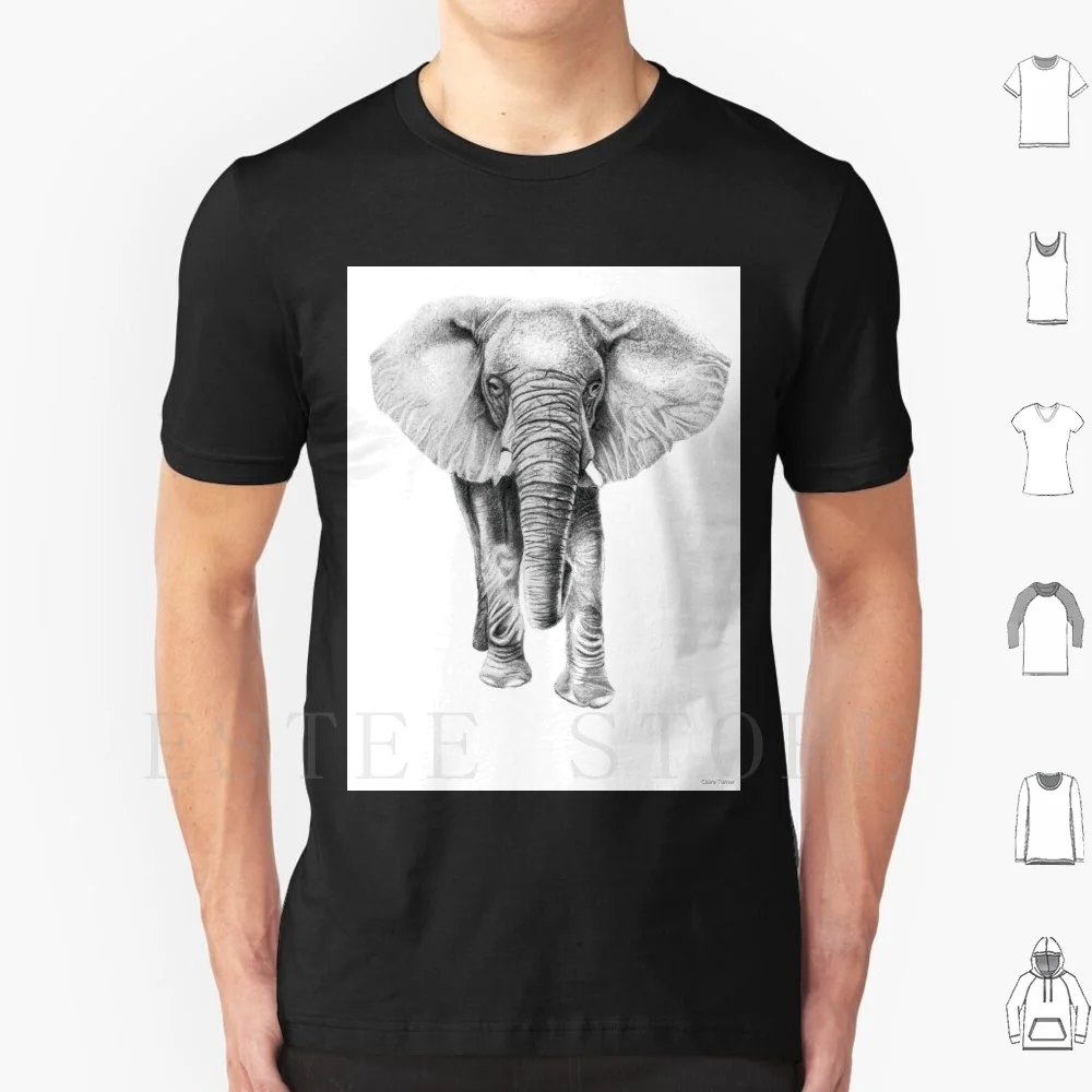 African Elephant Illustration T Shirt DIY Big Size 100% Cotton Elephant African Realistic Animal Black And White Graphite