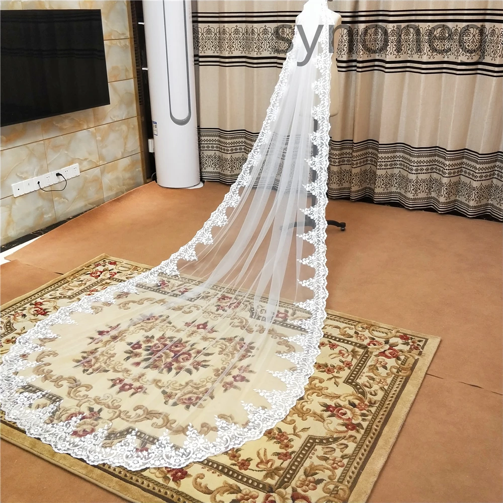 Veu De Noiva Longo Ren Appliques Một Lớp 3M 4M 5 Mlong Mạng Che Mặt Cưới Mạng Che Mặt Với Lược Cưới phụ Kiện Cô Dâu Mạng Che Mặt