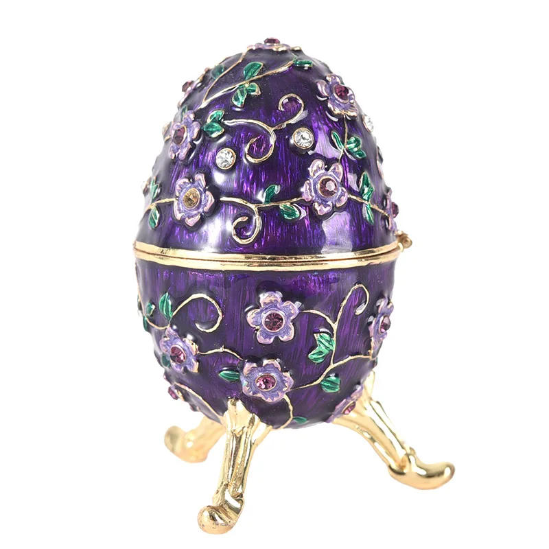 Handmade Enamel Easter Egg Jewel Case Purple Flower Jewelry Storage Box New Year Valentine's Day Gift