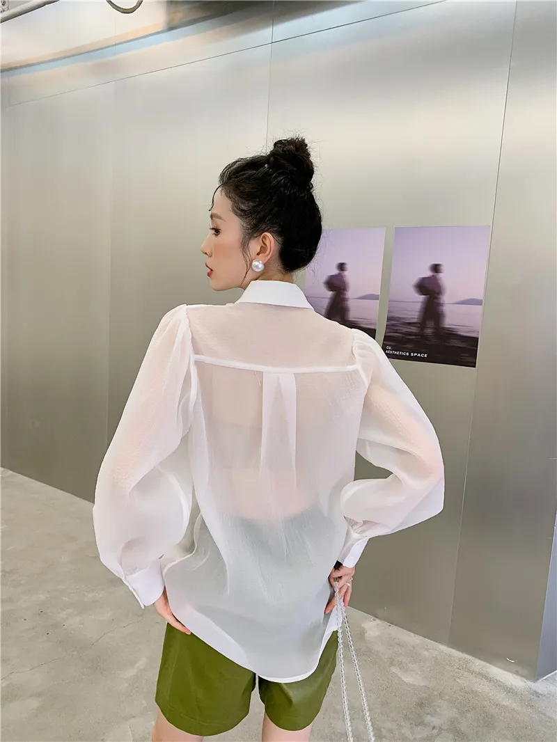 CHEERART Mesh White Button Up See Through Shirt Oil Painting Lantern Sleeve Top Floral Transparent Shirt High Fashion Fall 2021