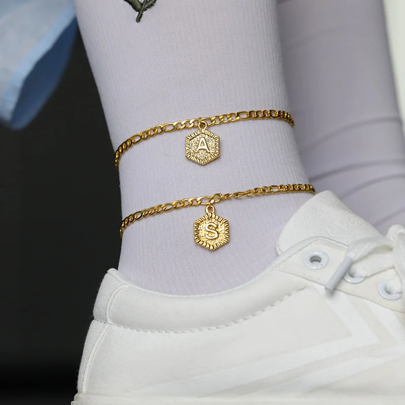 Hexagon Initial Anklet Gold Color Anklets for Women Girls Foot Cuban Link Chain Ankle Bracelet on the Leg Fashion Boho Jewelry