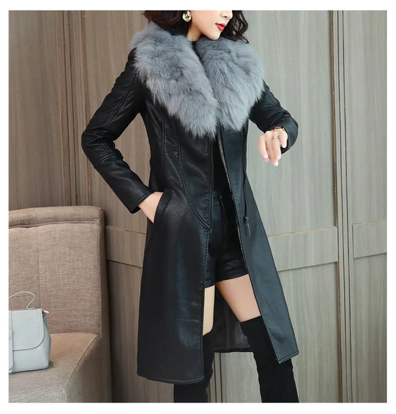 Big Fur Collar PU leather Jacket Autumn Winter Velvet Thicken Soft Faux PU leather Coat Women Korean Long Overcoat 4XL 2356