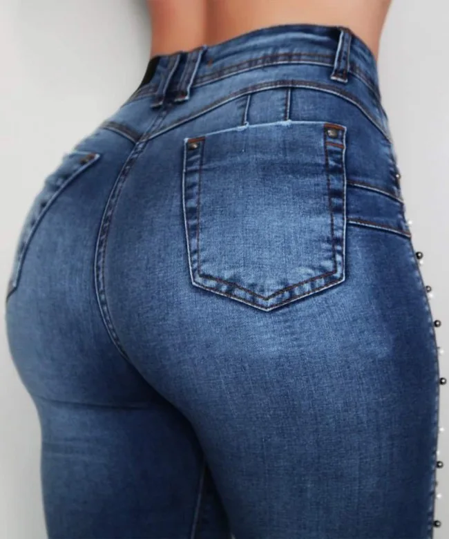 2021 New Women Dark Blue High Waist Beaded Jeans High Stretch Denim Pencil Pants Street Fashion Casual Push Up Hip Jeans S-2XL