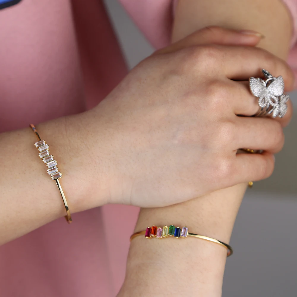 open adjusted size white rainbow rectangle cz bangle for women gilr fashion jewelry