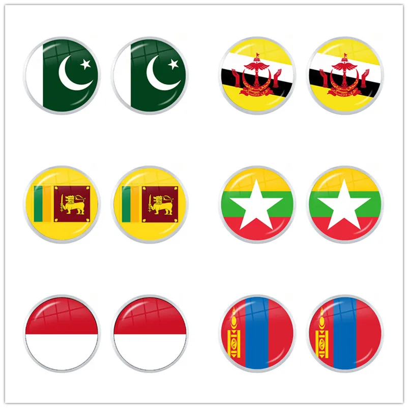 Pakistan,Brunei,Sri Lanka,Myanmar,Indonesia,Mongoli National Flag 12mm Glass Cabochon Stud Eearrings For Women Jewelry Gift