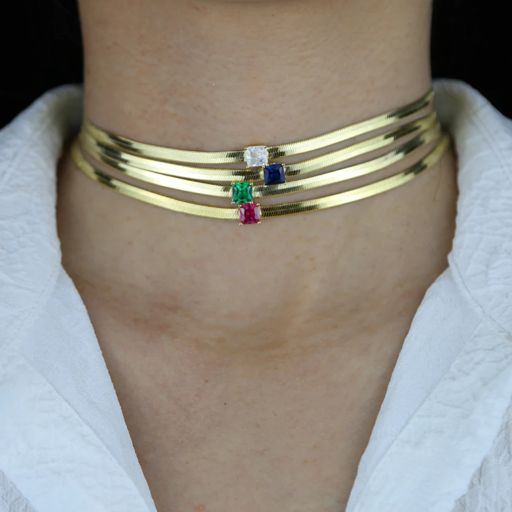 Colorful Square Birthstone Gold Color 4mm Herringbone Snake Chain Women Choker Chain Necklace 2026 New