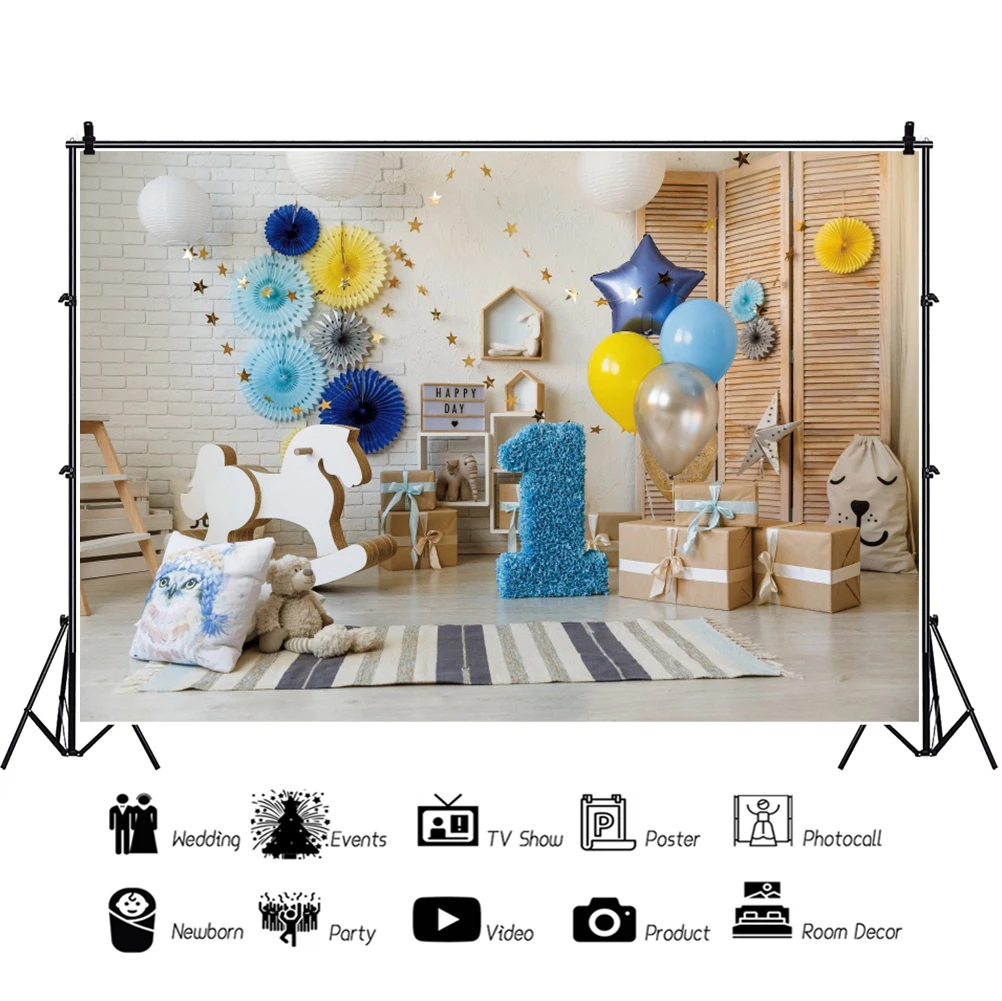 Yeele-아기 첫 번째 생일 파티 사진 배경, 풍선 룸 인테리어 나무 바닥 비닐 사진 배경 Photophone