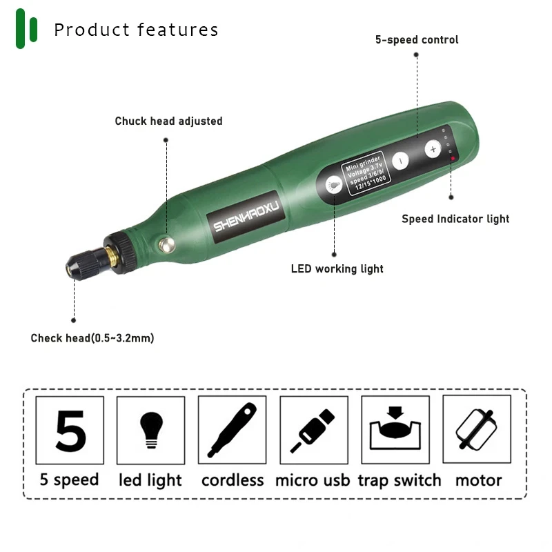 Juego de amoladora eléctrica inalámbrica, taladro rotativo, pluma de tallado de madera para fresado y grabado, Cargador USB de 3,7 V, herramienta eléctrica de luz LED