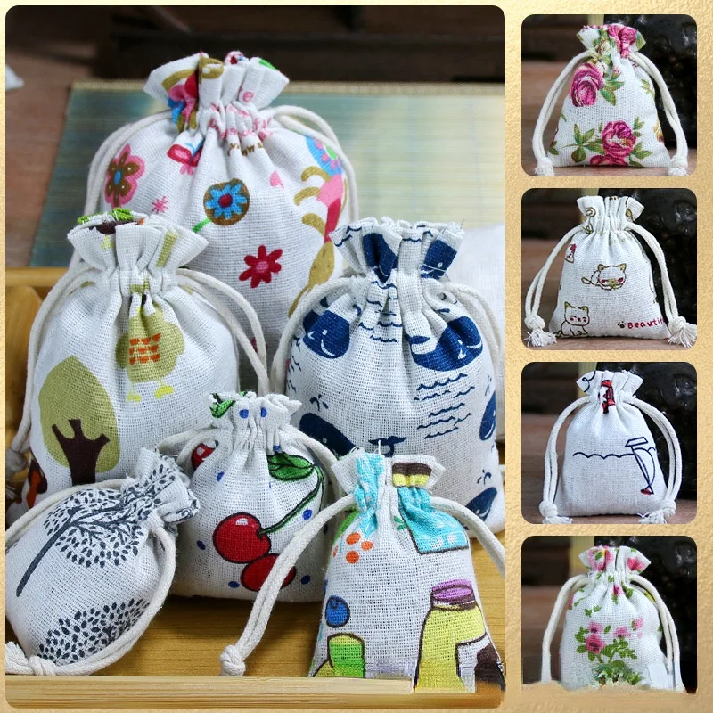 10 Stück/Set Leinenbeutel mit Kordelzug, niedliches Muster, bedruckt, für Hochzeit, Süßigkeiten, Aufbewahrung, Reise, Make-up, Kleidung, Schuhe, Kleinkram.