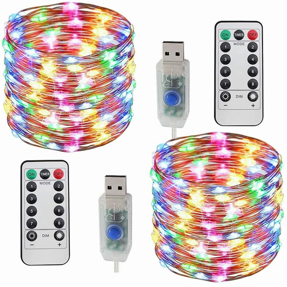 Drut miedziany LED Light lampki świąteczne na sznurku Garland 5m/10m 8 trybów USB Remote do domu kryty świąteczne dekoracje weselne