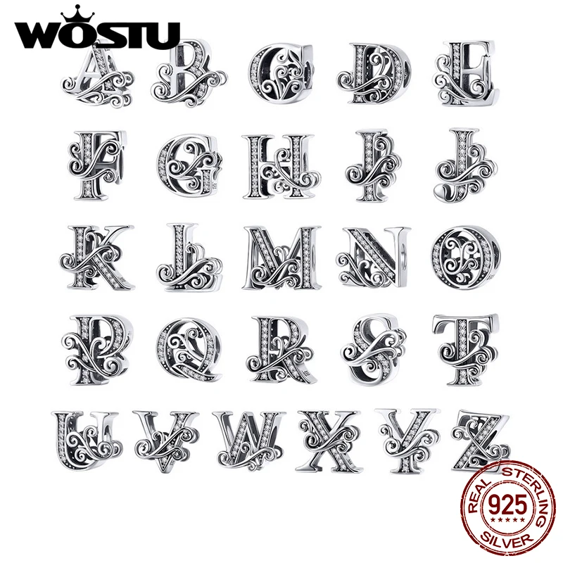 WOSTU Genuine 925 Sterling Silver DIY Letters A-Z Beads Charms Fit Original Bracelets Pendant Bangles For Women Fine Jewelry