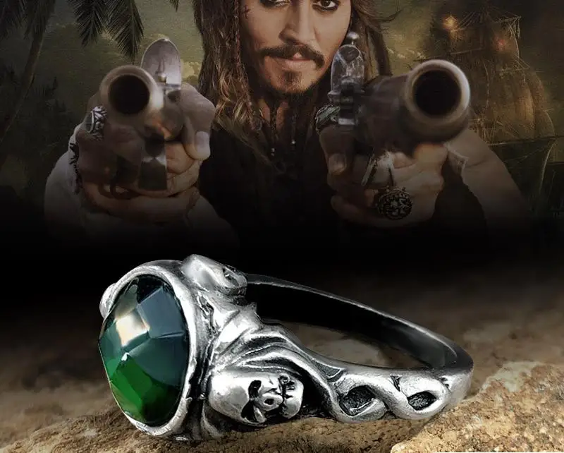 Pirates Of The Caribbean Ring Captain Jack Sparrow Death Finches Skull Green Crystal Stone Vintage Retro Johnny Depp