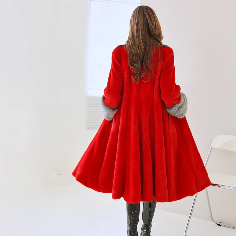 Ftangaiur New Winter Import Purple Label Velvet Mink Fur Coat With Sable Collar Sleeve Red Women X-Long Real Mink Fur Coats