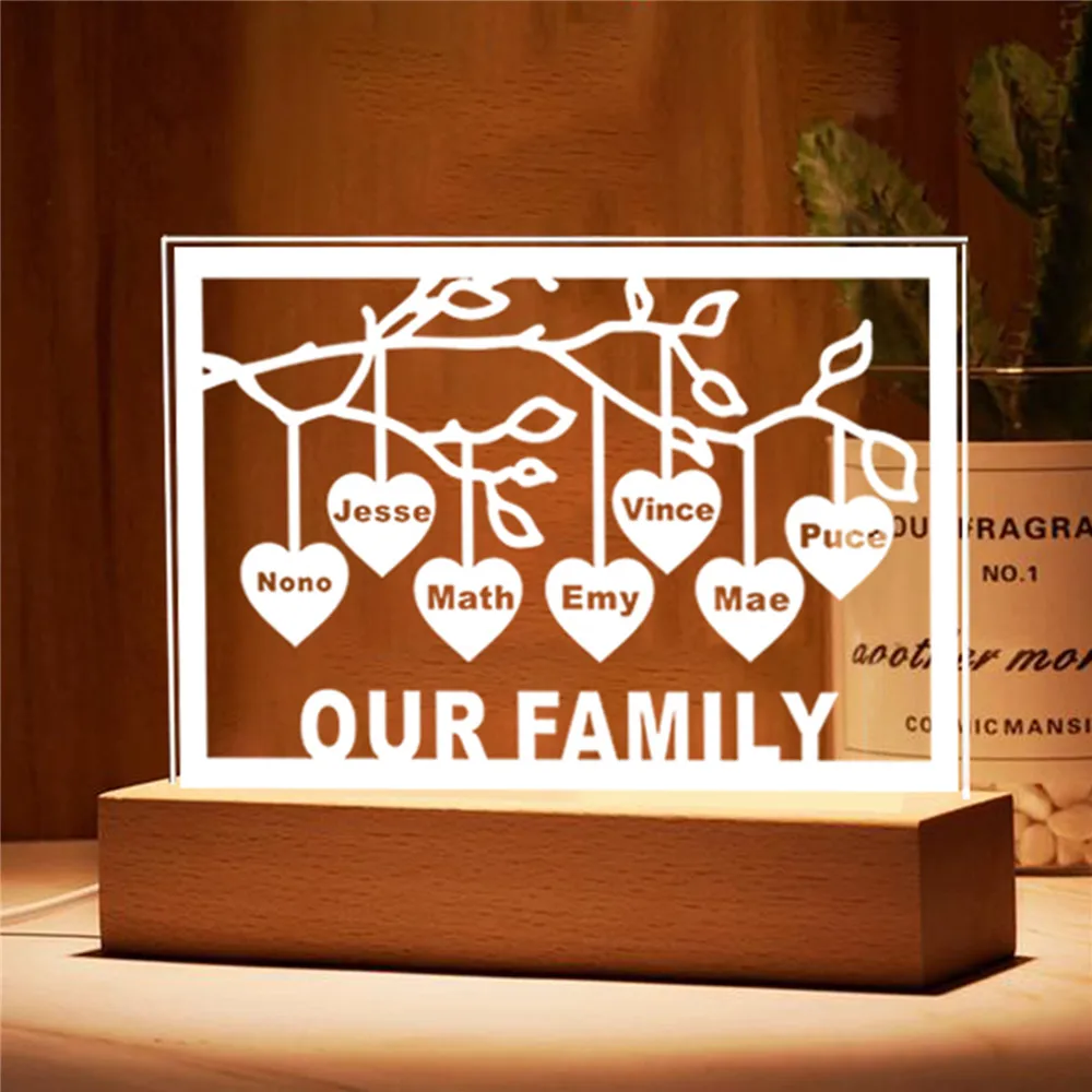 Personalized Family Tree Sign LED USB Acrylic Night Light Custom Laser Engraved Names & Text 3D Lamp Wood Base For Room Decorate