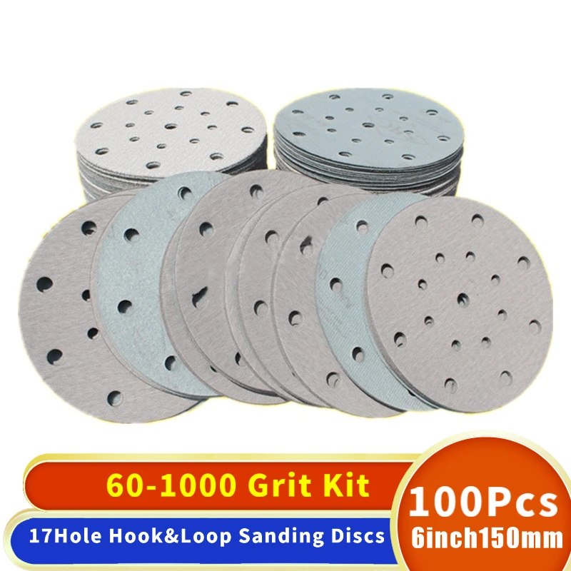 100pcs 6 Inch 150mm 17 Hole 60-1000 Grits Sanding Discs Premium Hook and Loop Heavy Duty Sandpaper for Random Orbital Sanders