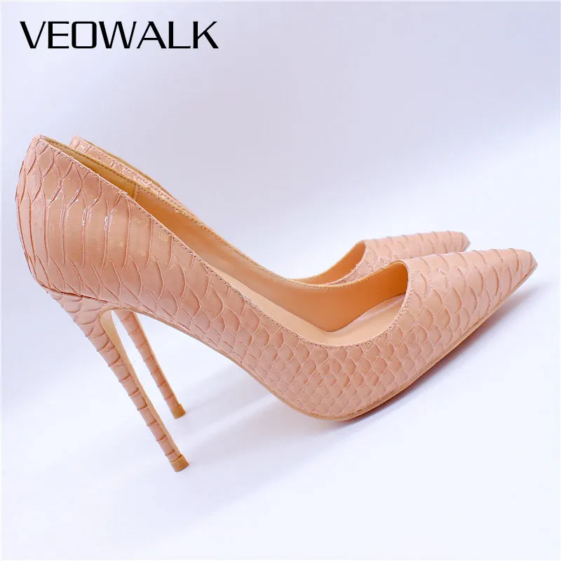 Veowalk Nude Embrossed Crocodile Women Sexy Stilettos High Heels Ladies Pointed Toe Fashion Pumps Slip On Woman Party Shoes